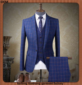 3 Piece Mens Blue Check Fashion Clothing Business Suits